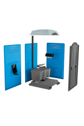 Componentes del sanitario portátil básico con estructura desmontable y depósito integrado.