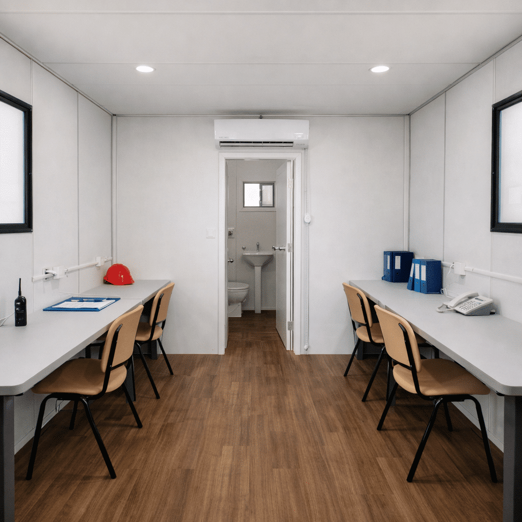 Interior de oficina móvil en renta con escritorios, aire acondicionado y baño integrado.