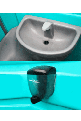 Lavamanos y dispensador en sanitario portátil flush para una mejor experiencia de higiene.
