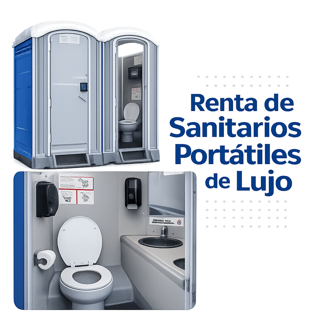 Sanitario portátil de lujo con vista exterior e interior equipado para eventos.