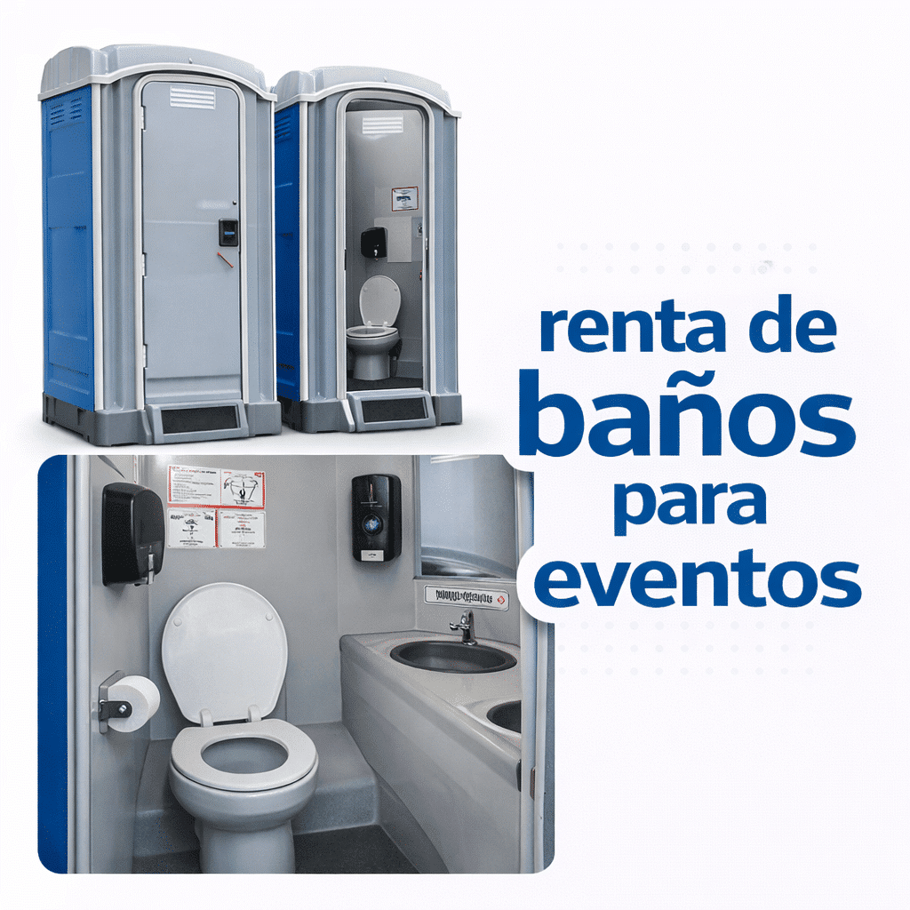 Banner de renta de baños para eventos con módulos portátiles, sanitario, lavabo y texto promocional.